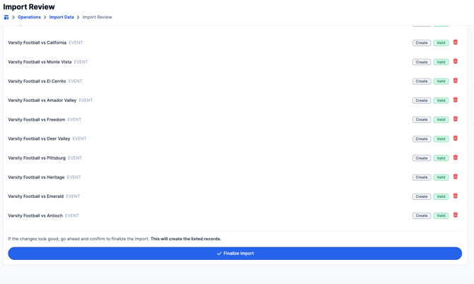 Finalize Import Page Screenshot
