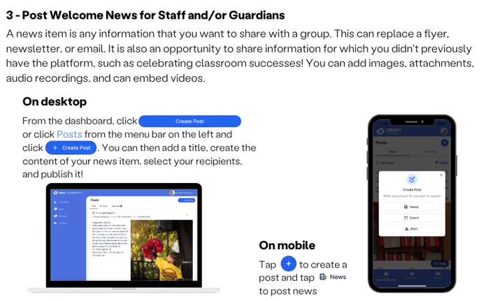 Post Welcome News for Staff or Guardians