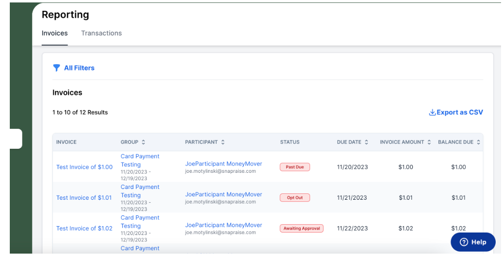 Reporting Tab Invoices and Transactions